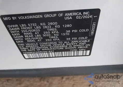 2024 Volkswagen Atlas 2.0T Se W/Technology z USA, uszkodzony, nr VIN 1V2WR2CA5RC561837